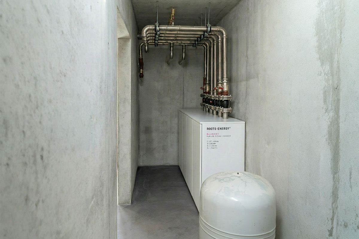 Roots·Hub 50-1 in an exposed-concrete plant room with standardised risers