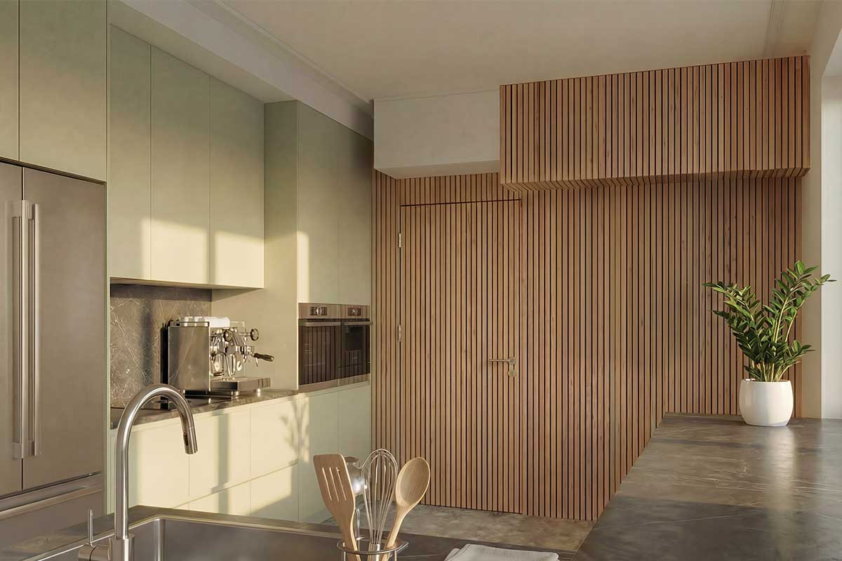 Kitchen-living room with timber-slat cladding behind which the technology disappears