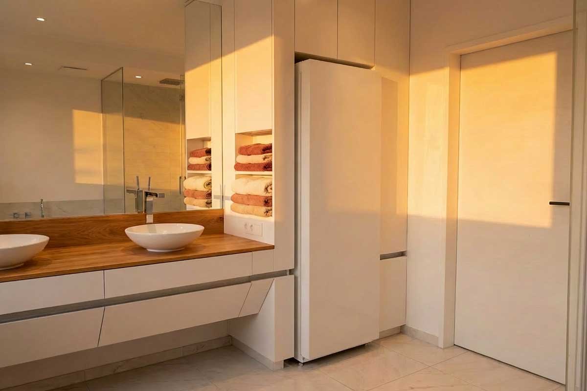 Bright living area with an invisibly integrated heat generator behind a fitted cupboard